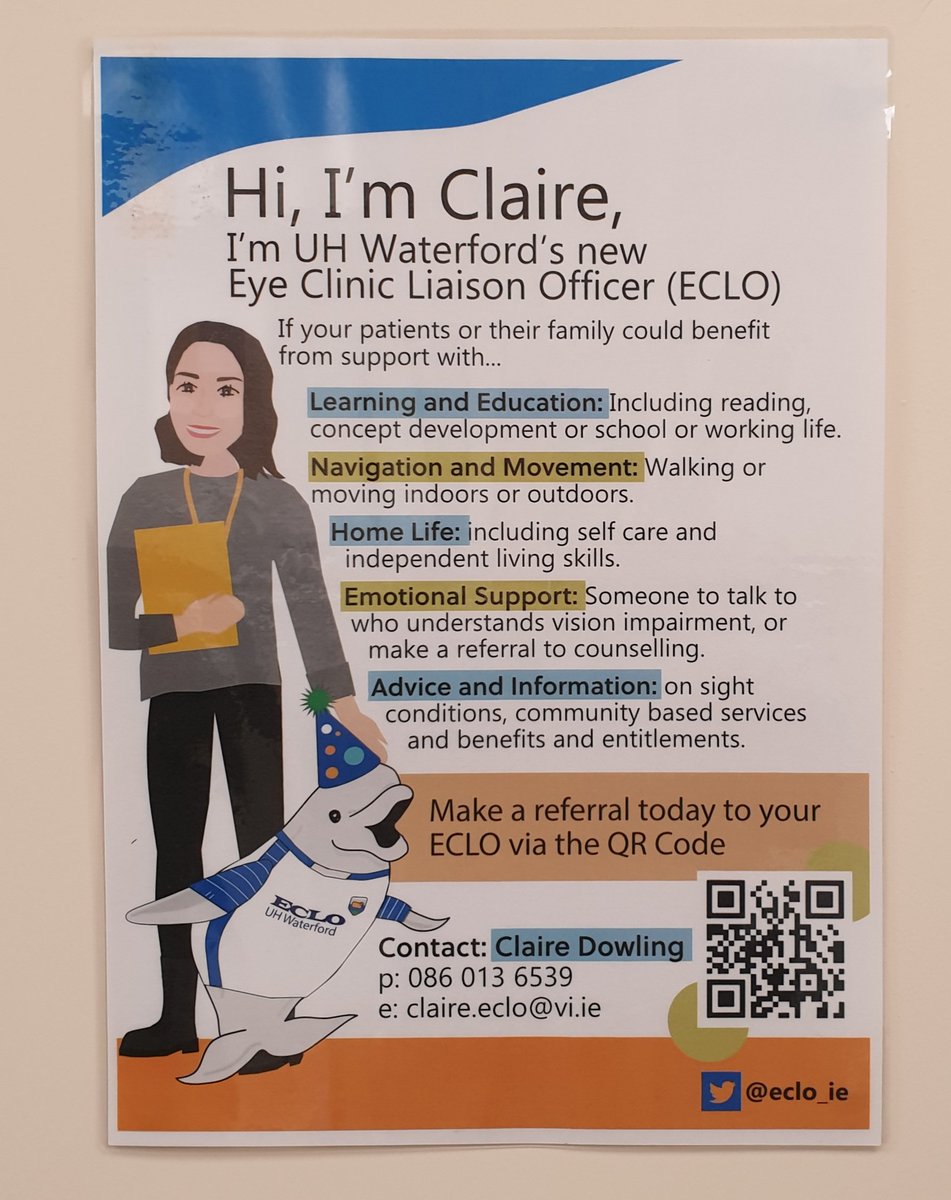 Claire Dowding is our new ECLO based in University Hospital Waterford. Thank you to Dr. Emer Henry & all the Eye Clinic team in welcoming Claire and ensuring that patients are receiving timely, appropriate support & referral to community services @Vision_Irl @eyedoctorsIRL