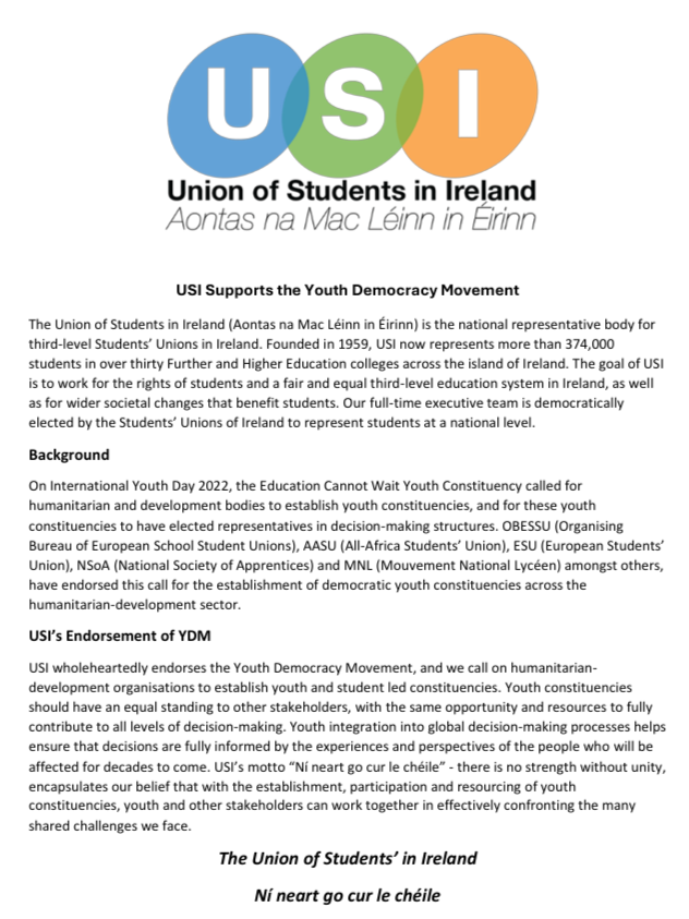 Union of Students in Ireland (@theusi) on Twitter photo USI endorses the Youth Democracy Movement❗️
Read our full endorsement here 👇
<a href="/YouthDemocracy_/">Youth Democracy Movement</a> USI endorses the Youth Democracy Movement❗️
Read our full endorsement here 👇
<a href="/YouthDemocracy_/">Youth Democracy Movement</a>