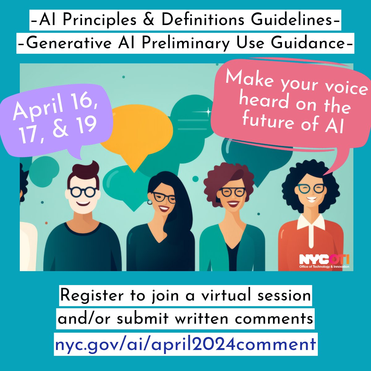How should NYC define AI? What principles should guide its use? What guidelines should be followed when exploring generative AI tools? NYC wants feedback on its guidance about these questions. Register for an online session now and/or submit comments at nyc.gov/ai/april2024co…