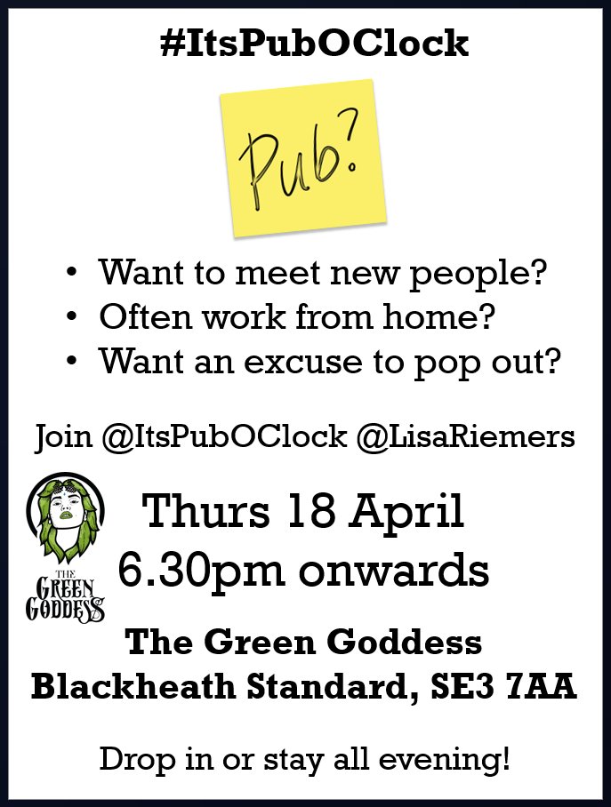 Want to get out and meet new folks?  Join us this Thursday @GreenGoddessPub They've a great range of drinks including wine, hot drinks and softs list - with an impressive array of #RealAle and #CraftBeer #ItsPubOClock #MeetUp #JoinUs #SE3 #GreenwichHour