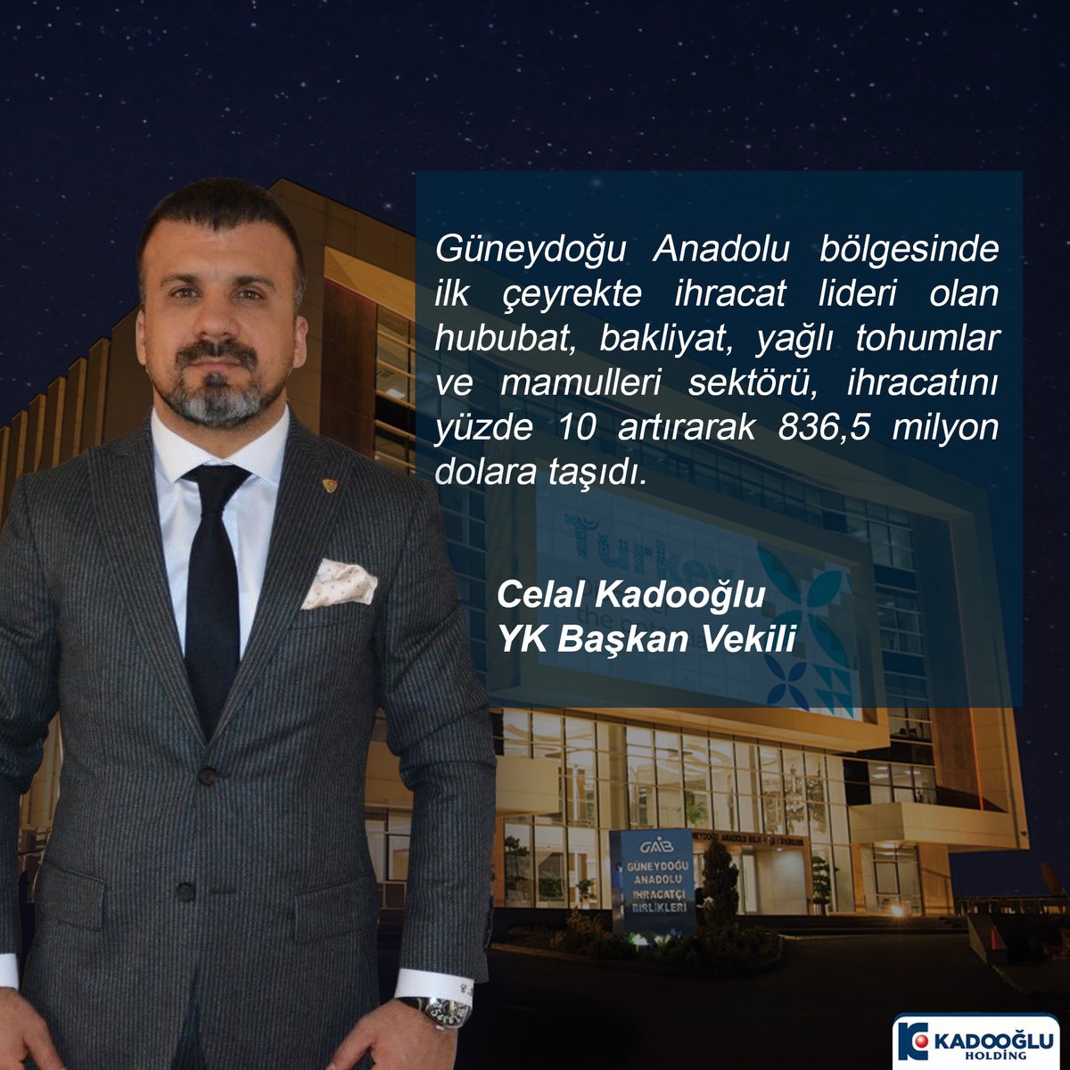 YKB Vekili’miz Sayın Celal Kadooğlu GAİB adına “İlk çeyrekte ihracat lideri olan hububat, bakliyat, yağlı tohumlar ve mamulleri sektörü; ihracatını yüzde 10 artırarak 836,5 milyon dolara taşıdı.” açıklamada bulundu.