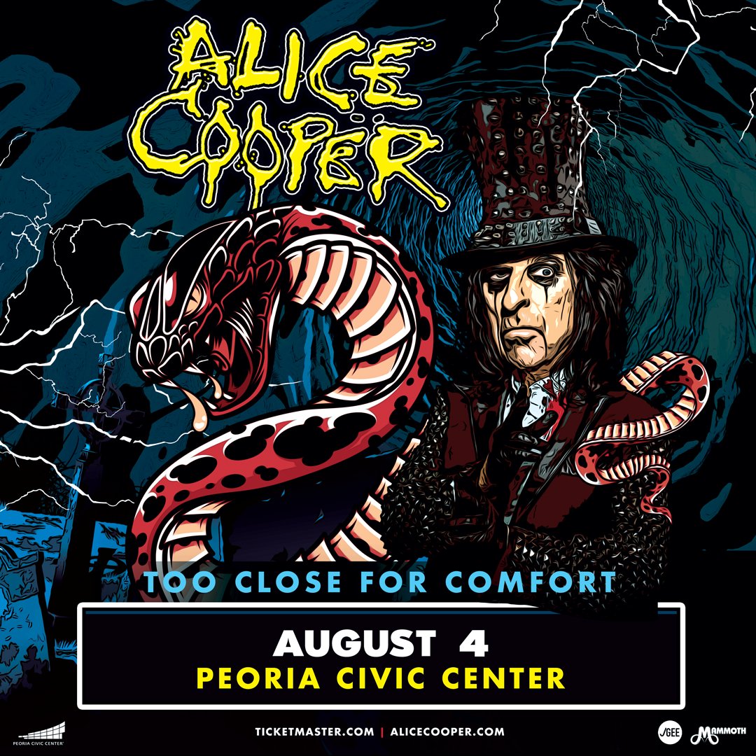 SHOW ANNOUNCEMENT – @alicecooper will be performing at the Peoria Civic Center Theater on August 4, 2024! PCC Insider Presale starts Thursday, April 18 & Tickets are on sale Friday, April 19 at bit.ly/PCCAliceCooper #PlaysinPeoria #ASMGlobal #peoriaciviccenter #alicecooper