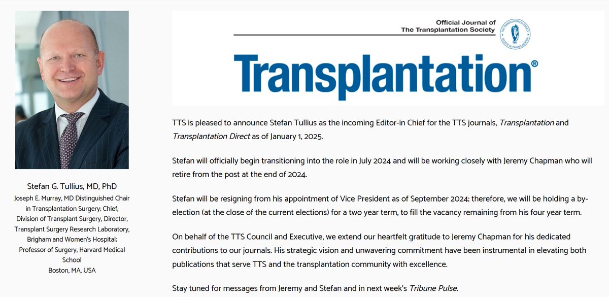 🌟Congratulations to Stefan Tullius, who has been named incoming Editor-in Chief for @TransplantJrnl and @TXPDirect as of January 1, 2025. We'd also like to extend our heartfelt gratitude to outgoing EIC Jeremy Chapman for his dedicated contributions to the journals.