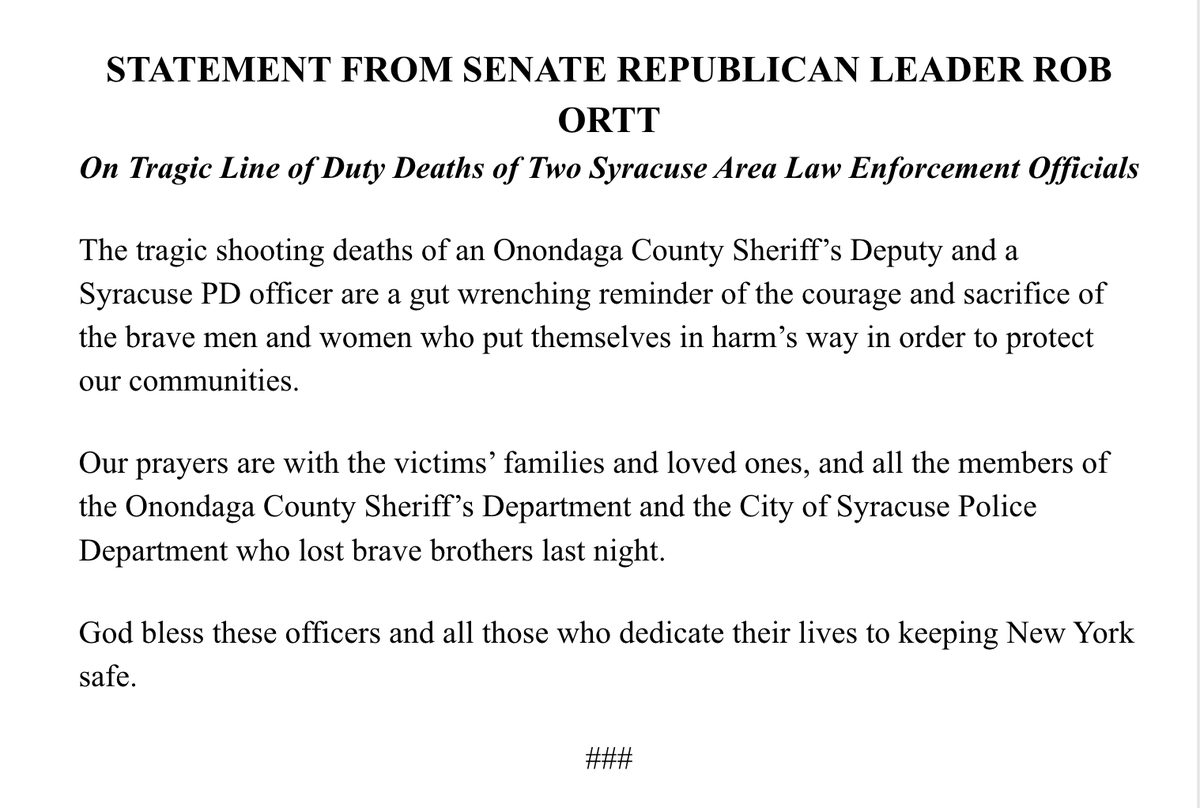 The tragic shooting deaths of an @OnondagaSheriff Deputy and a @SyracusePolice officer are a gut-wrenching reminder of the courage & sacrifice of the brave men and women who put themselves in harm’s way to protect us. God bless these officers and all those who dedicate their…