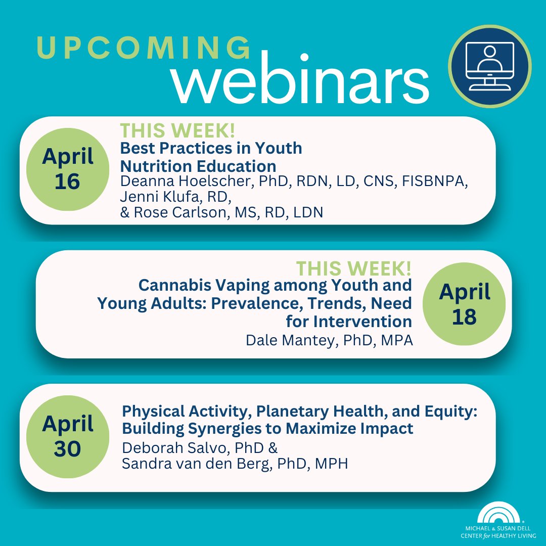 Happening this week! Learn from our experts @deannahoelscher and @DaleMantey at two separate webinars. Register here: bit.ly/3hCuUuV #health #cannabis #nutrition #youth #publichealth #TheEarlierTheBetter