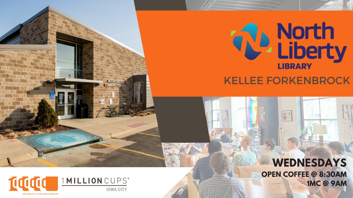 Road trip!🚗💨 This week's 1 Million Cups will be held at The North Liberty Library and we will hear from their Public Services Librarian, Kellee Forkenbrock.

ADDRESS: 520 West Cherry Street, North Liberty, IA

Open Coffee @ 8:30am | Presentation @ 9am