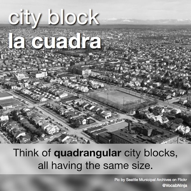 DailyESword's tweet photo. 🇬🇧 city block
🇪🇸 la cuadra
Think of «quadrangular» city 🏢🏨🏬 blocks, all having the same size.
💬 “My house is five blocks away.”
💬 “Mi casa está a cinco cuadras.”
#Spanish #wordoftheday #block #cityblock #cuadra #quadrangular #vocabulary #vocab #español #hint #mnemonic https://t.co/eKzTYlGH9S
