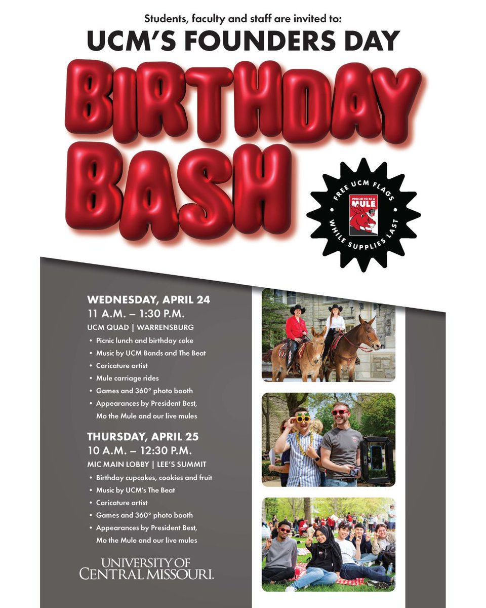 It’s almost time - our annual Founders Day Birthday Bash at the Warrensburg campus is on Wednesday, April 24! 🎉 Or, join us at UCM Lee's Summit on Thursday, April 25 at the Missouri Innovation Campus!