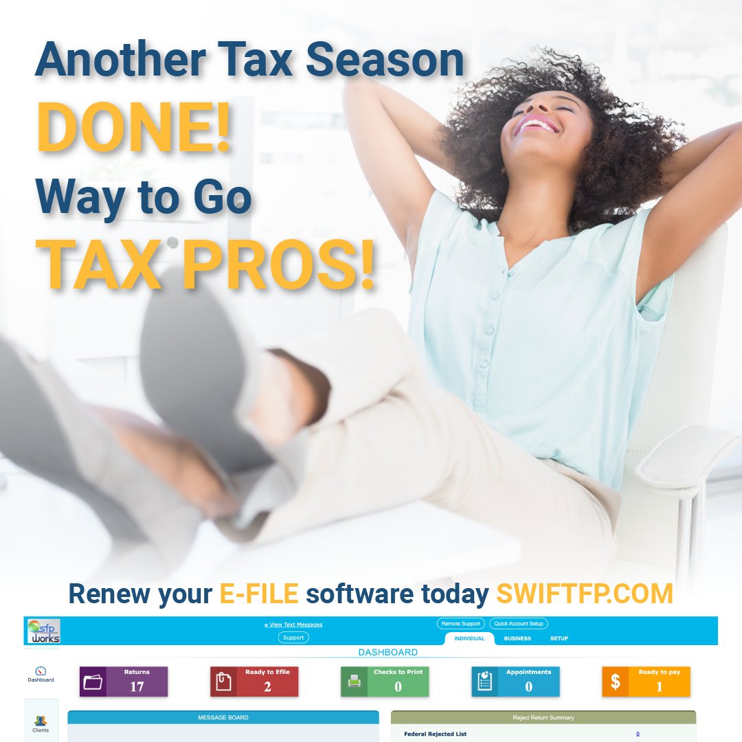 Congratulations tax professionals,accountants, and CPAs! You made it through another tax season! Now it’s time to renew your software with us at the link below!
swiftfp.com/software-renew…

#swiftfp #sfpworks #taxseason #efile #efilesoftware #softwarerenewal #irs #taxpro