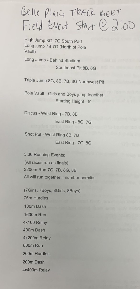 Order of events for our MS track meet Tuesday, April 16!
Also, NO track practice Friday, April 19!