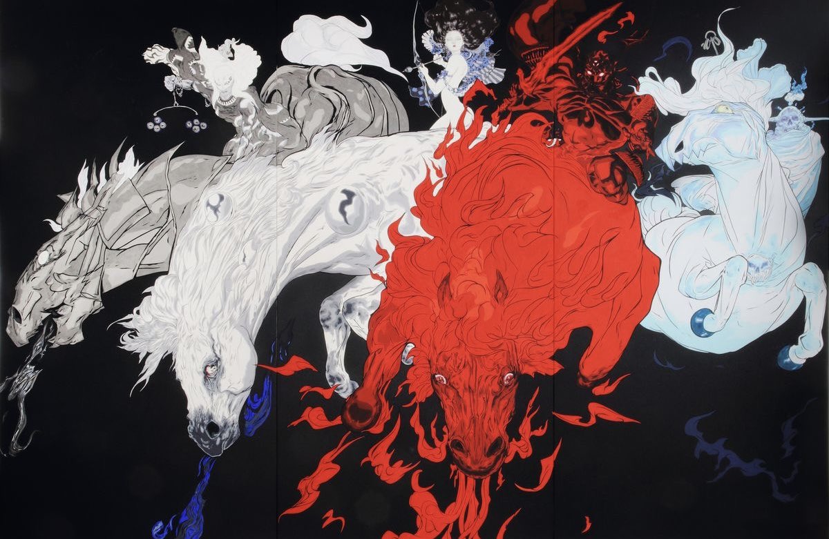 Art by Japanese artist Yoshitaka Amano titled 'Four Horses' (2015)