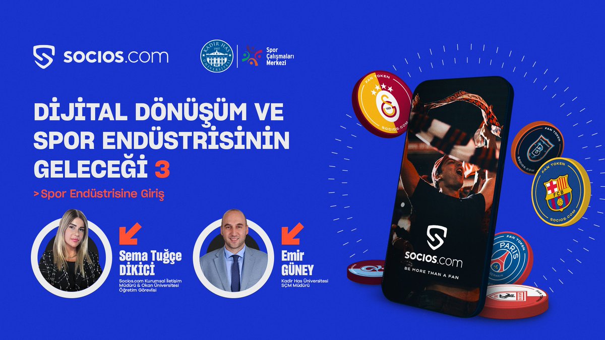 📣 Türkiye'nin ilk ve tek spor & blockchain içerikli akademik eğitimi olan 'Dijital Dönüşüm ve Spor Endüstrisinin Geleceği' programının üçüncüsü yarın başlıyor. 🙌 Socios.com Türkiye ve Kadir Has Üniversitesi Spor Çalışmaları Merkezi @khasscm iş birliğinde…