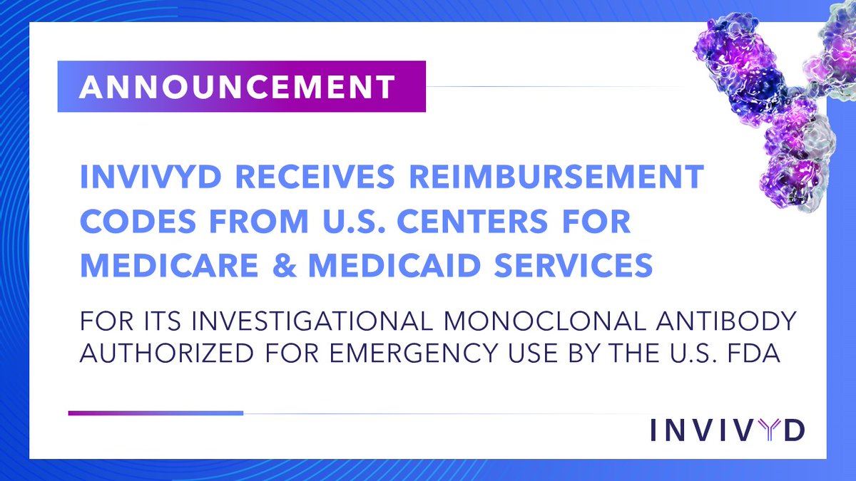 The U.S. Centers for Medicare &amp; Medicaid Services (CMS) has granted Healthcare Common Procedure Coding System (HCPCS) reimbursement codes covering our investigational monoclonal antibody authorized for emergency use by the U.S. FDA. investors.invivyd.com/news-releases/…. #monoclonals