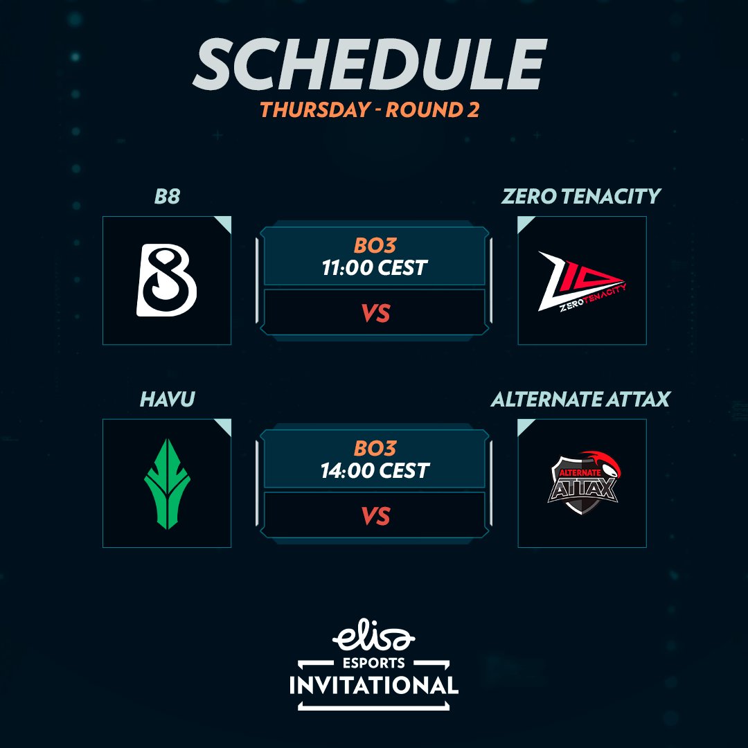 🔥 Closing out Round 2 of the #ElisaInvitational Spring 2024 Main Swiss with Thursday's matchups ⬇️ 🕚 11:00 CEST - @B8esportsGG vs. @Z10esports 🕑 14:00 CEST - @HAVUgaming vs. @ATNattax Catch the last day of intense action ⬇️ twitch.tv/elisaesports