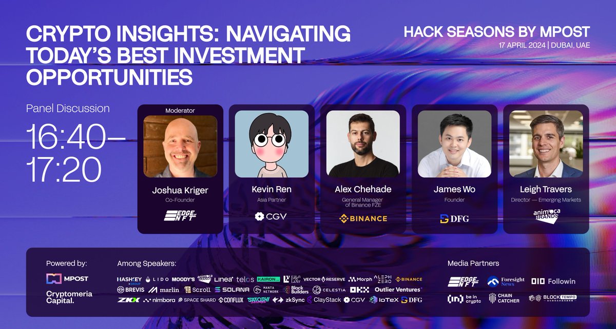 Here is another speaker panel that will feature discussions and debates on Crypto Insights: Navigating Today's Best Investment Opportunities. 🔥 Our esteemed speakers: @joshkriger from @EdgeofNFT @KevinRen2019 from @CGVFOF @AlexCrypto42 from @binance @realjameswo from…