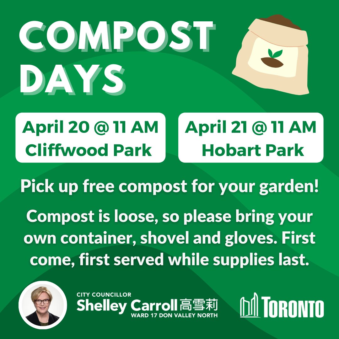 📢 Reminder, #DonValleyNorth: Our first two Compost Days are coming up! 🌱 📍 April 20 @ 11 AM: Cliffwood Park 📍 April 21 @ 11 AM: Hobart Park Compost is free and comes loose, so please bring a container, shovel, and gloves. First come, first served while supplies last.