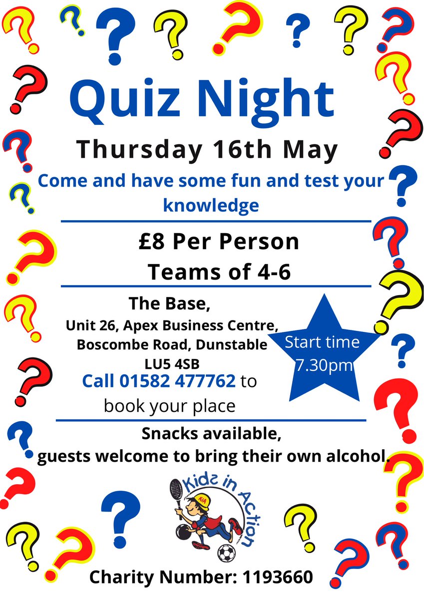 Grab your quiz brains and your friends and join us for a Kids in Action quiz on Thursday 16th May. Please call 01582 477762 to book your place now!!! #kidsinaction #quiz #helpustohelpthem #perfectpersonalisedparties