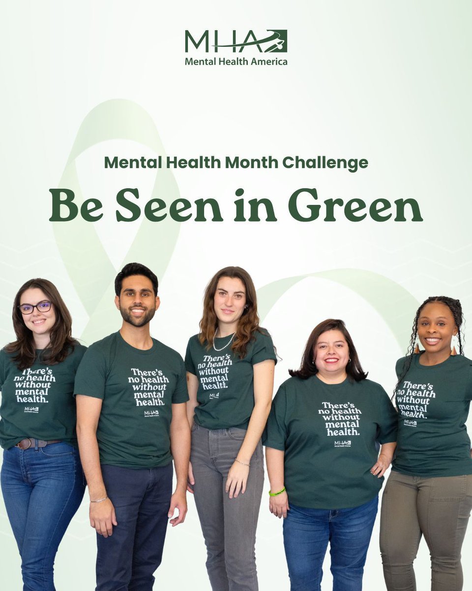 MentalHealthAm's tweet photo. You’re invited to join MHA’s "Be Seen in Green" challenge this May! 💚

Join the movement! Learn more about the challenge at https://t.co/JjwxPdRTl7 https://t.co/GkAvQAE8mg