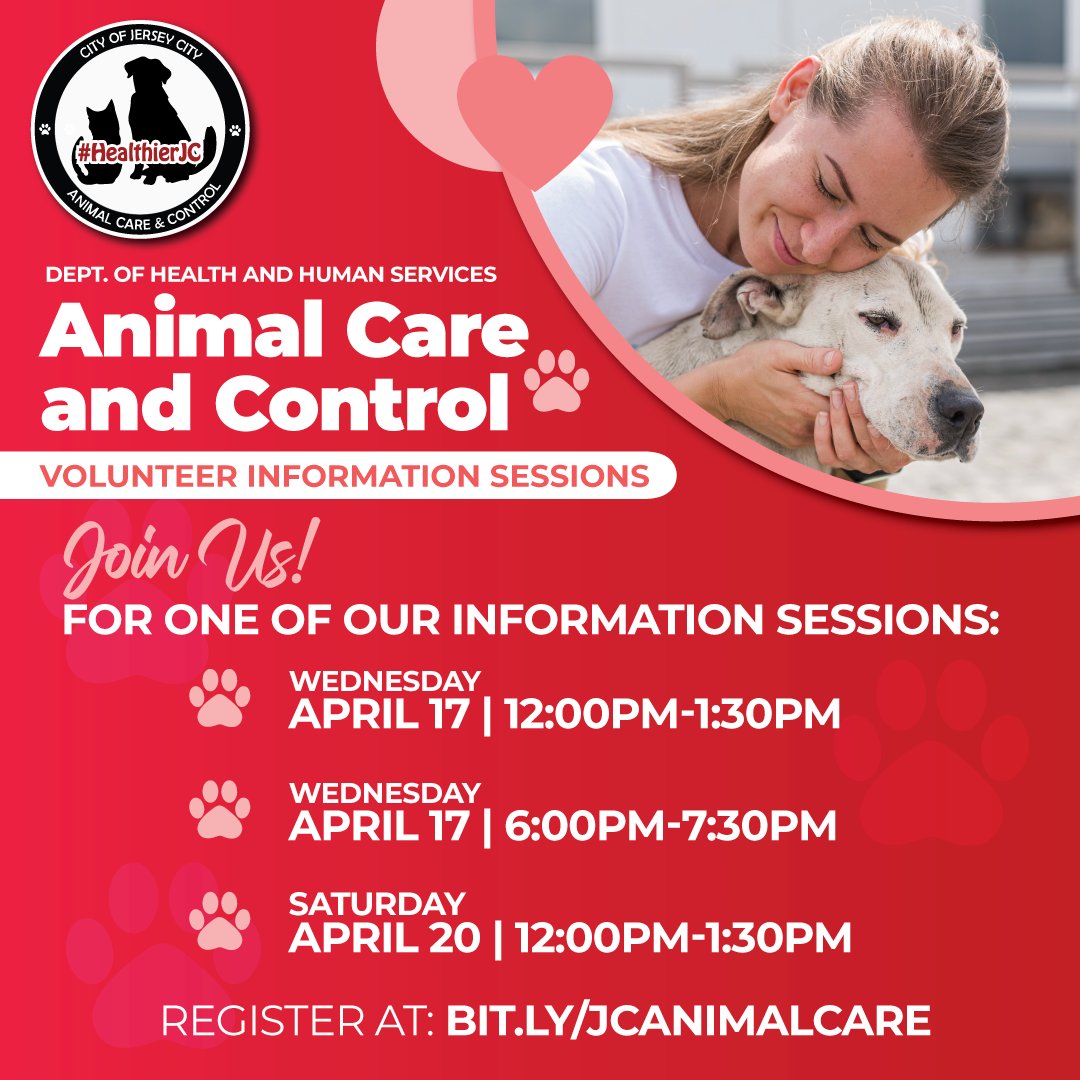 🐾 Exciting news! Join us for our volunteer information sessions on April 17th & 20th. Learn how you can make a difference in the lives of animals in our community. Click here: BIT.LY/JCANIMALCARE #HealthierJC #AnimalCare #VolunteerOpportunity 🐶🐱@ServeJerseyCity @jerseycity