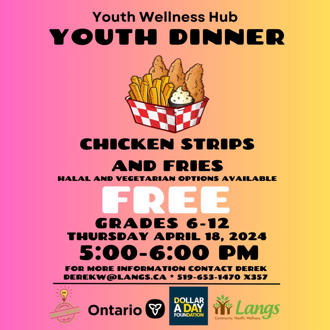 Youth Dinner is this week! See you on Thursday, April 18th at 5 pm. Join us for chicken strips and fries (Halal and veggie options are available).