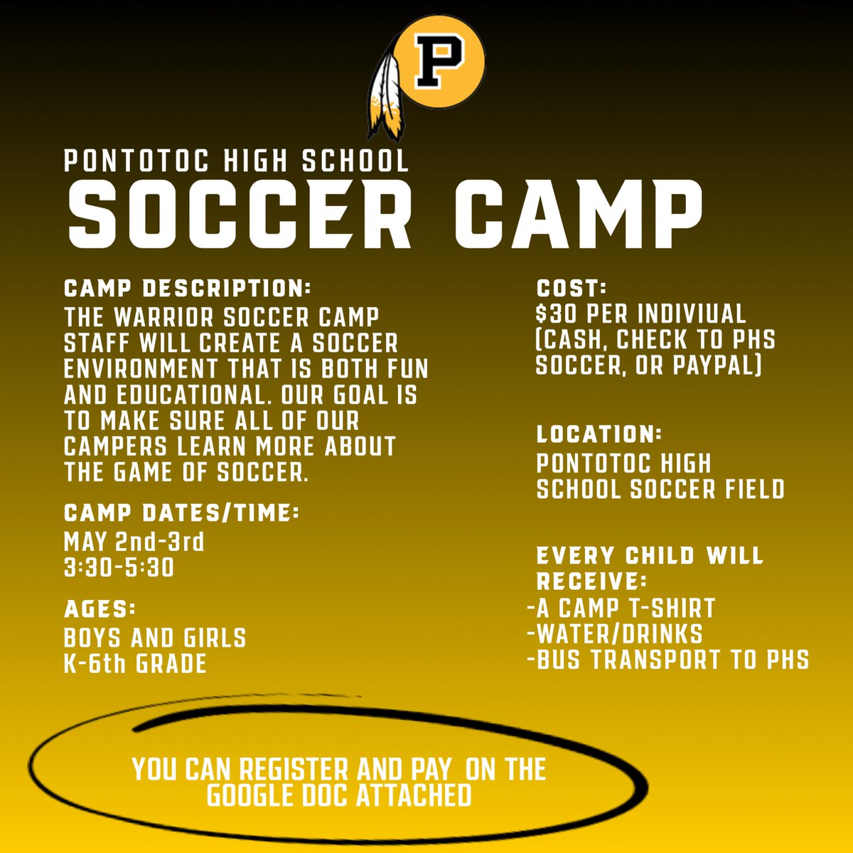 PontotocSoccer's tweet photo. Warrior Soccer Camp is right around the corner! Forms have been sent home. You can also sign up and pay here:
https://t.co/fdZrPScVAQ https://t.co/n6ClwEC5Ia