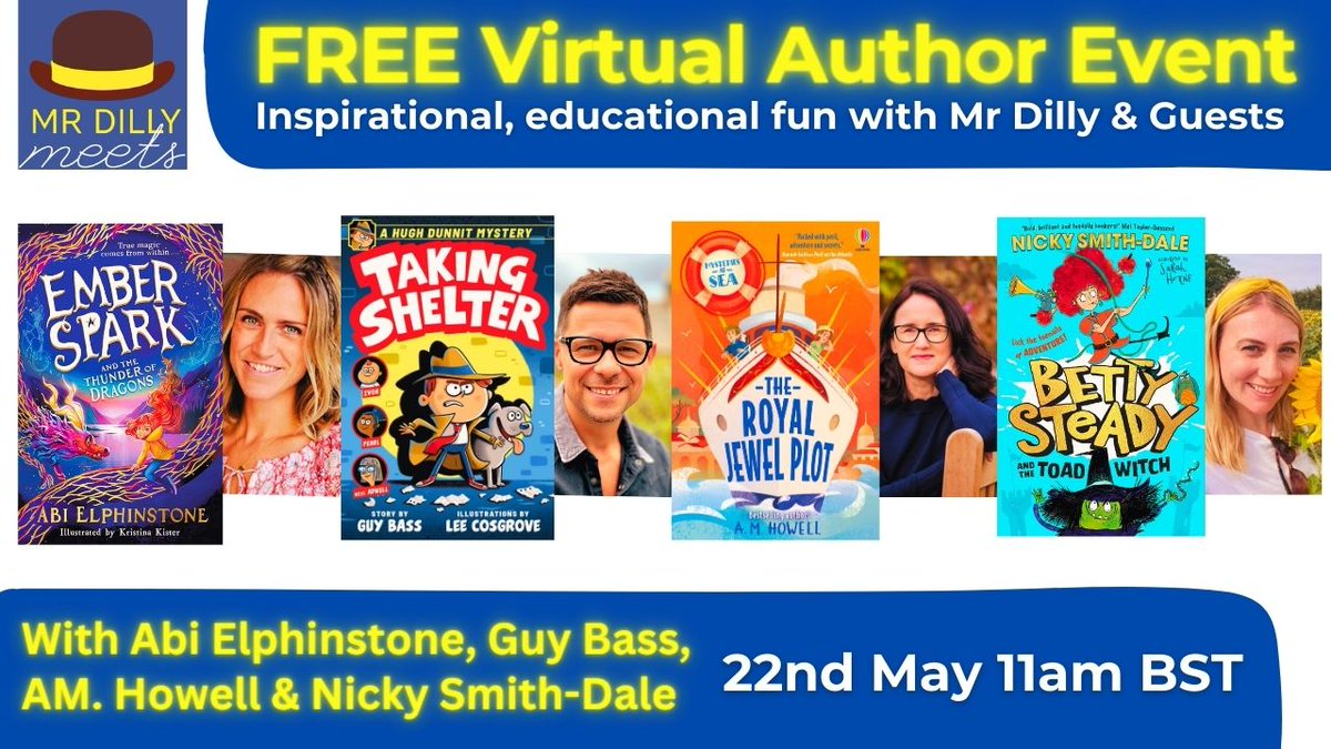 TEACHERS! HOMESCHOOLERS! I'm doing a FREE virtual event alongside wonderful authors @GuyBassBooks @AMHowellwrites & @nickydale for @mrdillypresents on 22nd May: eventbrite.co.uk/e/virtual-auth… We'll be chatting about our new books, reading from them & answering all your questions!