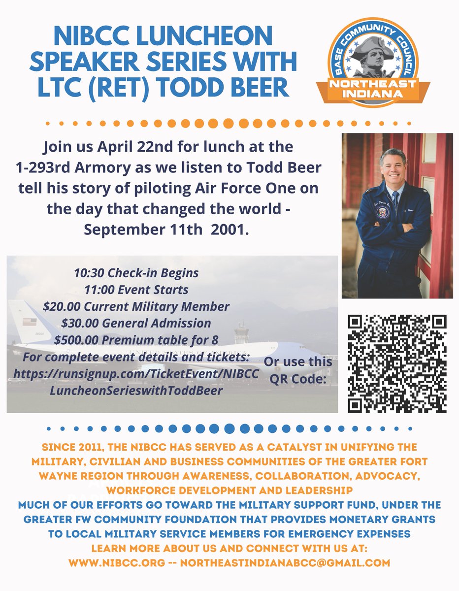 Join NE Indiana veterans for a luncheon with local military leaders and special guest speaker LTC (RET) Todd Beer. A rare opportunity not to be missed! Learn more: ow.ly/Y2Xx50ReT4n  ✈️ #IndianaVeterans #AirForceOnePilot