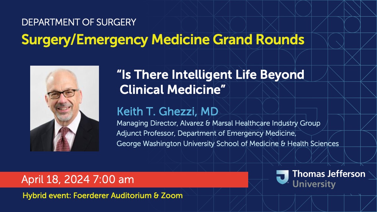Please join us this Thursday 4/18 for a joint Surgery/Emergency Medicine #GrandRounds lecture by Keith T Ghezzi, MD @GWSMHS Faculty & staff will receive the link via email | Recording to follow