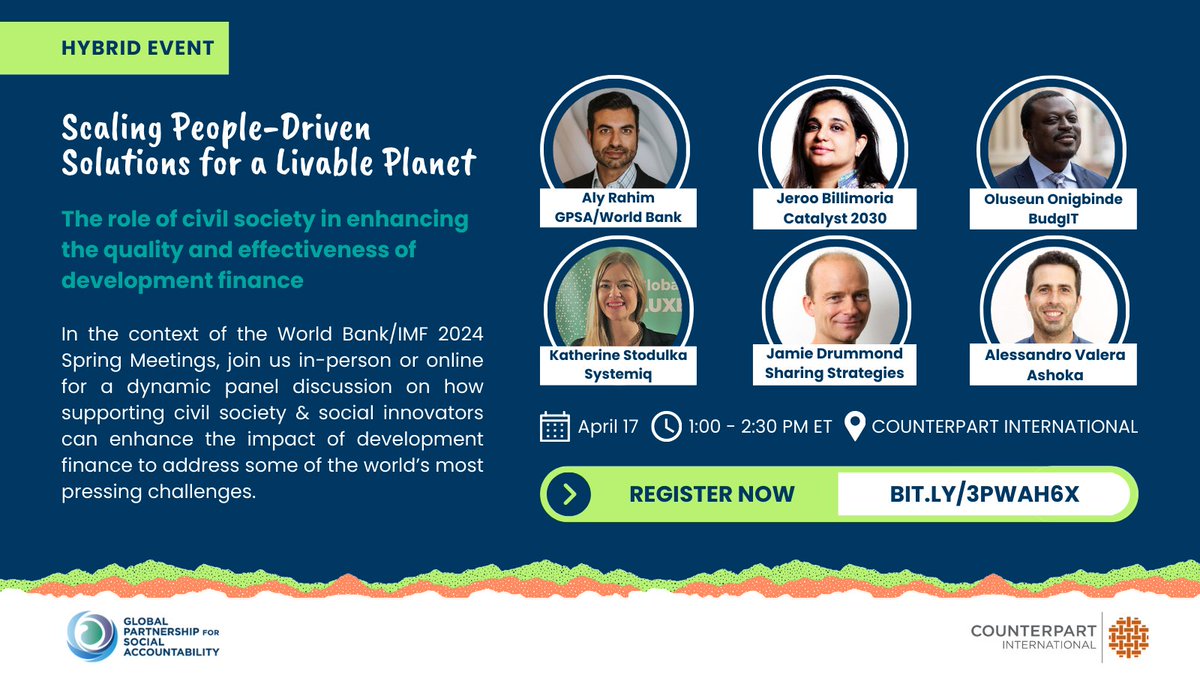 Join @GPSA_org for a dynamic panel discussion on how supporting civil society & social innovators can enhance the impact of #development finance to address some of the world’s most pressing challenges.

Register here: wrld.bg/FAw450Rfs5T #socialaccountability #WBGMeetings