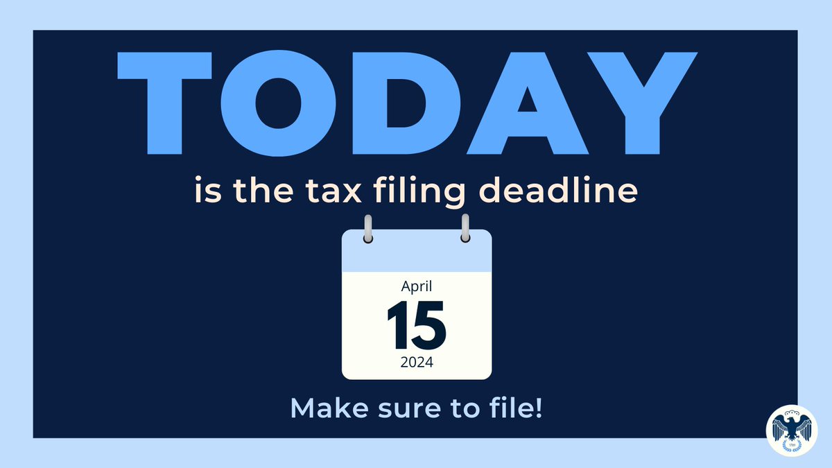 Today is the April 15 filing deadline! For those living in AZ, CA, MA, NH, NV, NY, SD, TN, TX, WA, & WY, head to directfile.irs.gov for a free, secure way to file. 📁 Make sure to file your 2023 taxes ASAP 📁 irs.gov/filing