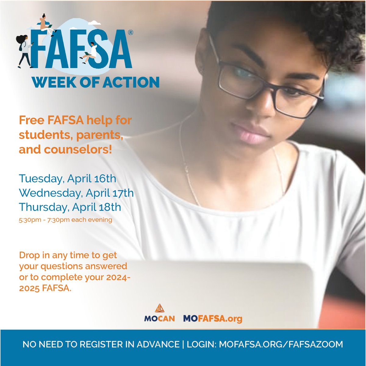 MOCAN is excited to be part of the National FAFSA Week of Action, April 15-19! Let's support students in completing their FAFSA for the 2024-25 academic year. Learn more: mofafsa.org #FAFSA #FinancialAid #moneyforcollege