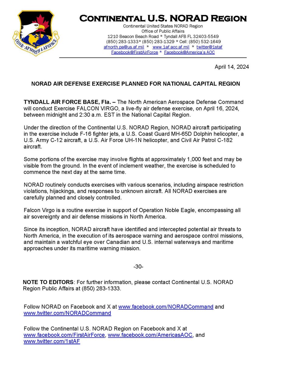 The @NORADCommand will conduct Exercise FALCON VIRGO, a live-fly air defense drill, on April. 16, 2024, from midnight to 2:30 a.m. EDT in the NCR. Scenarios are meticulously supervised by #NORAD. @aircombatcmd|@usairforce|@AirNatlGuard| @CivilAirPatrol|@uscoastguard