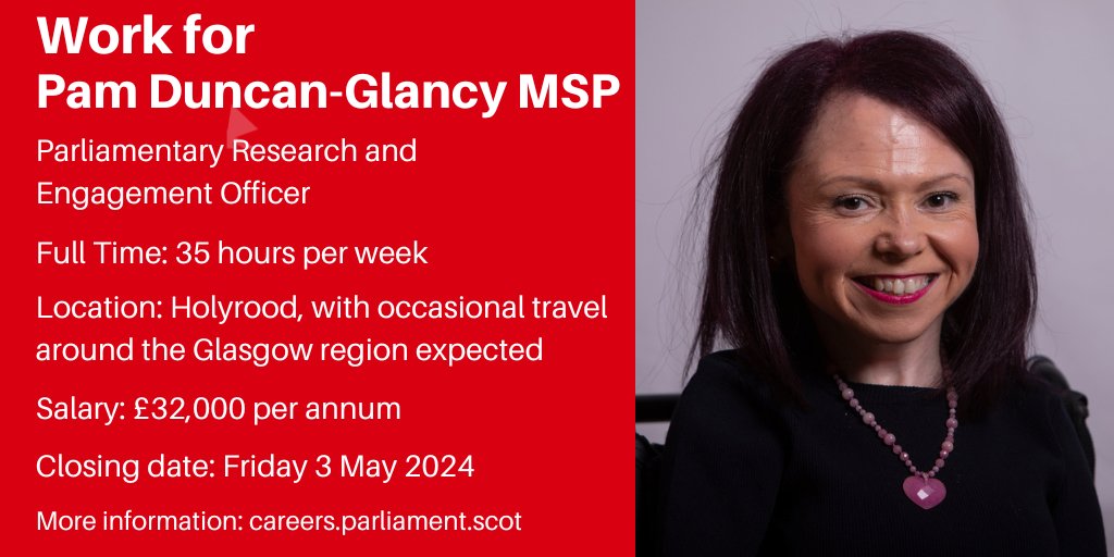 New Parliamentary Research and Engagement Officer opportunity with Pam Duncan-Glancy MSP (@GlasgowPam), based in #Holyrood. Find out more: ow.ly/ai9O50Rg1jP