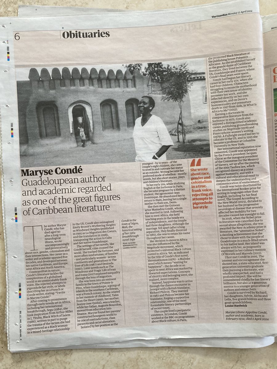 ZobelProject's tweet photo. Maryse Condé obituary in print in today's (Mon) @Guardian https://t.co/XocKCLwYQI