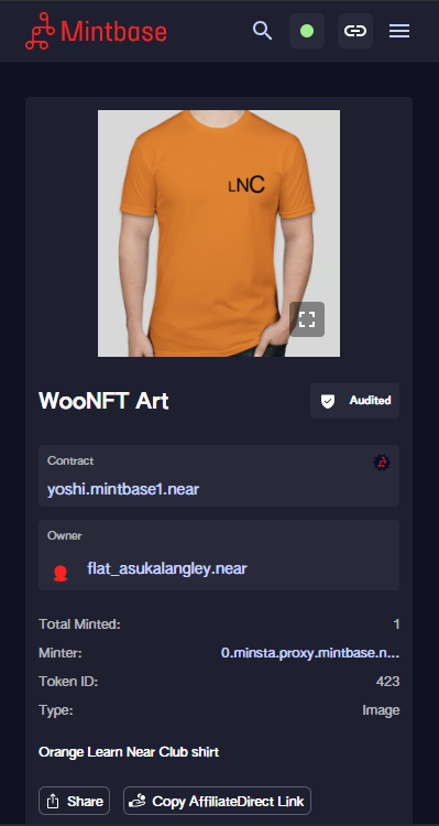 llnear01's tweet photo. I just got my first @WooCommerce NFT via @mintbasewallet at @woonft_art online store during @LearnNear Redeem https://t.co/4jQoNbpepc