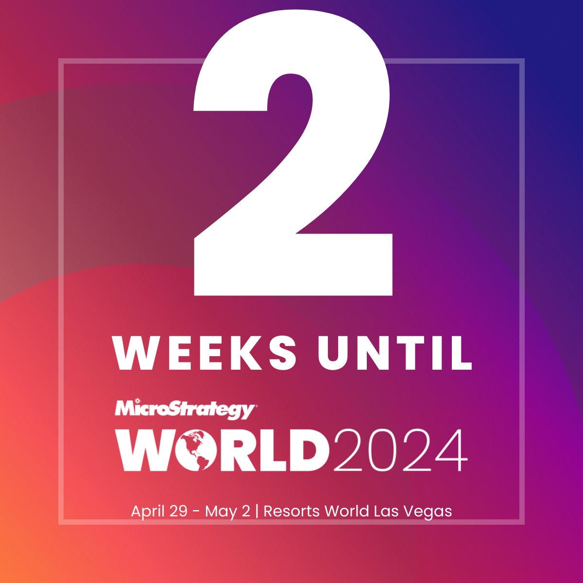 🚀 Only 2 weeks left until #World 2024! Join us to explore the latest advancements in #AI, #analytics, and #BI. Secure your spot today and be a part of shaping the future with #MicroStrategy! ow.ly/ujrN50Rg4pO #TheONEPlatform #MicroStrategyAI #GenAI #MSTR