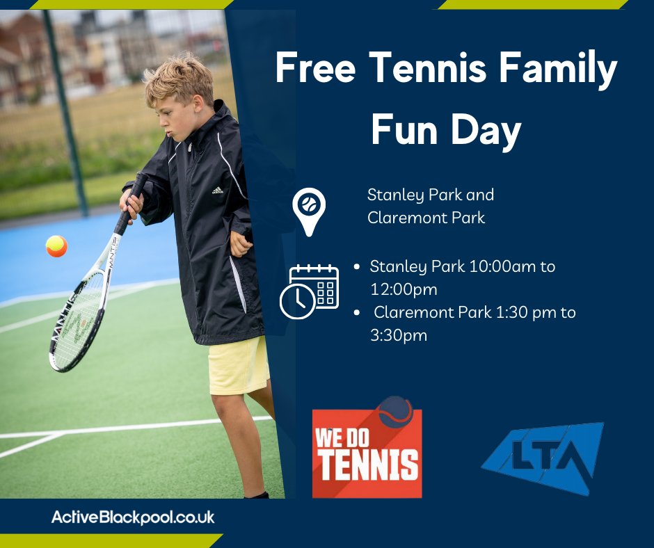 Free family tennis sessions, for all ages and abilities. (Equipment will be provided.) 📌 Stanley Park and Claremont Park ⏲️ Stanley Park 10:00 am to 12:00pm | Claremont Park 1:30pm to 3:30pm 📅 Saturday April 27 book now 👉 tinyurl.com/BpoolFreeTenni…