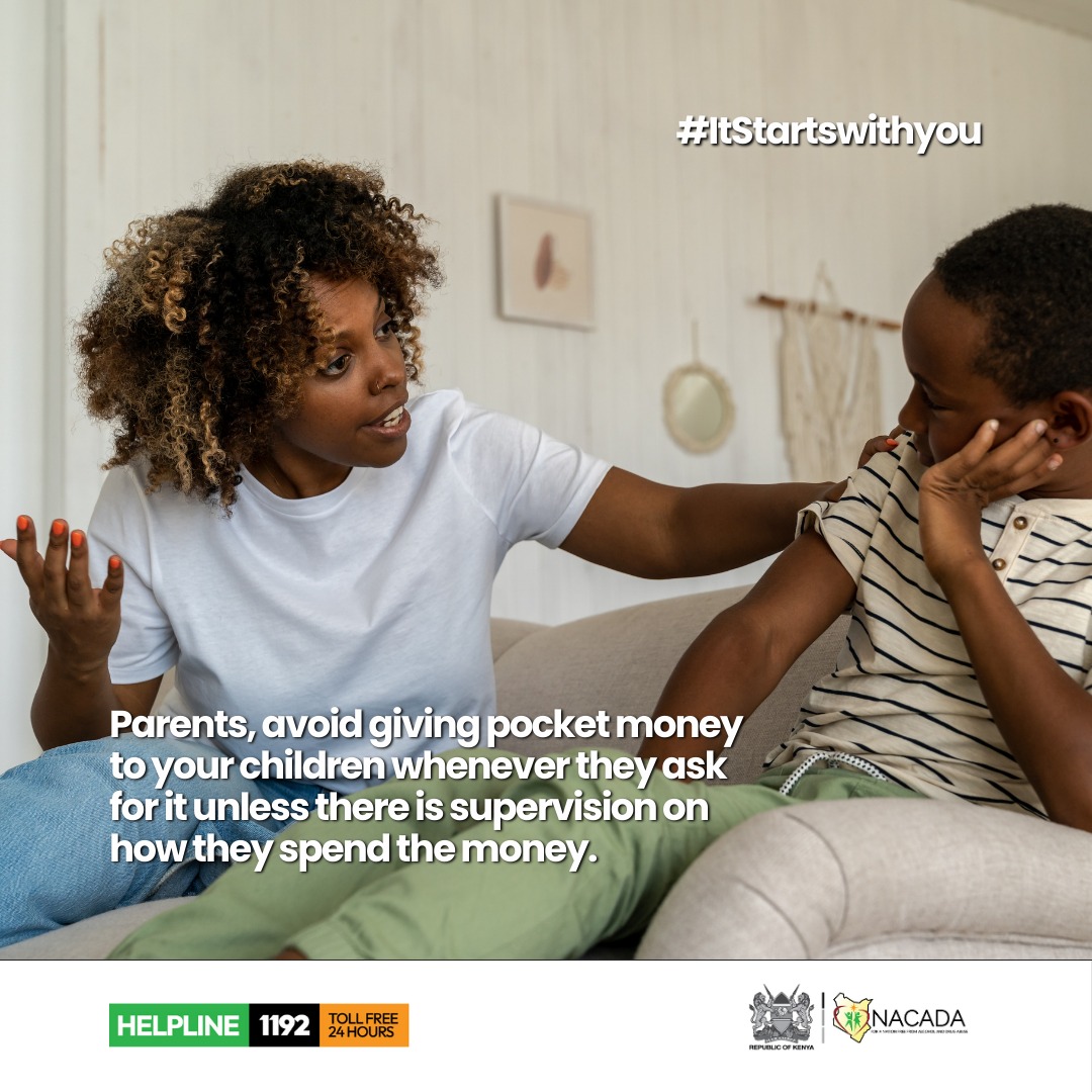 Parents, avoid giving pocket money to your children whenever they ask for it unless there is supervision on how they spend the money. Availability of money can lead to temptations to buy drugs #ItStartswithyou #TuacheMihadarati