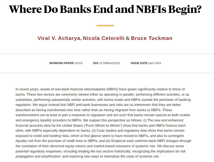 Banks and nonbank financial intermediaries do not function in parallel or as substitutes, but in a symbiotic relationship, with nonbanks particularly dependent on banks, from Viral V. Acharya, Nicola Cetorelli, and Bruce Tuckman nber.org/papers/w32316