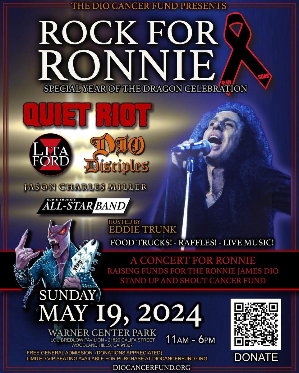 A limited number of VIP seating tickets just released! The ROCK FOR RONNIE 2024! A concert in the park to raise funds for the @DioCancerFund! General Admission Free. *Donations Appreciated* Tickets here: eventbrite.com/e/rock-for-ron…