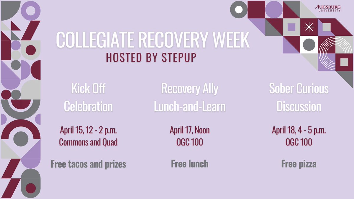 It's Collegiate Recovery Week! We hope to see you on campus for these events as we continue to champion lives of recovery, achieve academic success, and thrive in a community of accountability and support thanks to the outstanding StepUP program. #collegiaterecovery #StepUP