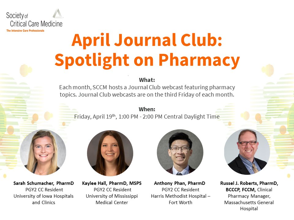 Please join us for our monthly @SCCM Spotlight on Pharmacy CPP Journal Club 4/19 at 1pm Central/2pm Eastern! Presenters and articles are listed below. Register here: loom.ly/zv41HBA #PharmICU #SCCMJC