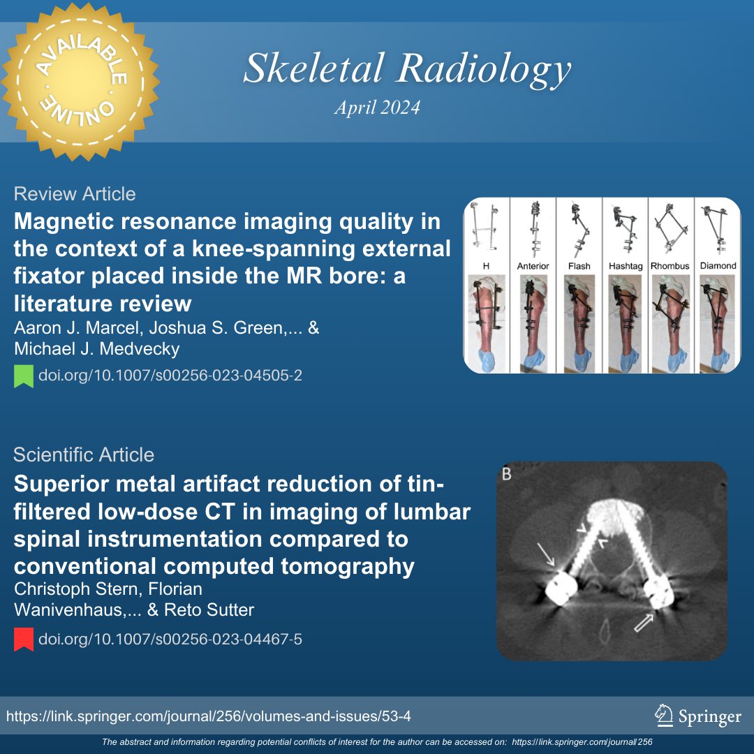 The April issue of the Skeletal Radiology Journal is available online.

Access the full articles for free using the links below:

🟢 rdcu.be/dC12q

🔴 rdcu.be/dC16I

#SkeletalRadiology #SkeletalJournal #SKRAJournal #radres #orthotwitter #MSKrad