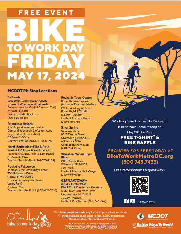 .@BikeToWorkDay 🚴‍♂️is a little over a month away❗️ Have you registered❓ MCDOT will sponsor8⃣pit stops throughout the County as part of the Washington Region’s participation in #BTWD2024  on Friday, May 17, 2024. 🔗tinyurl.com/5n76zhj5 #MontgomeryCountyMD #bikemoco #mocobike