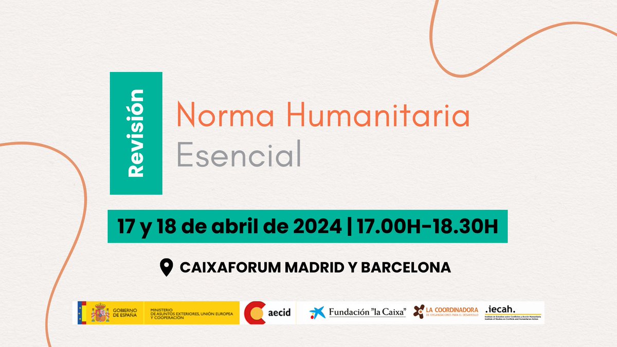 ⏰¡Recuerda que el próximo 17 y 18 de abril presentaremos la Revisión de la Norma Humanitaria Esencial (CHS)! 🔗Regístrate aquí para Madrid: i.mtr.cool/gswlzsaamj 🔗Regístrate aquí para Barcelona: i.mtr.cool/sjnbocscfm 📷 Más detalles: i.mtr.cool/gtfyhenooc