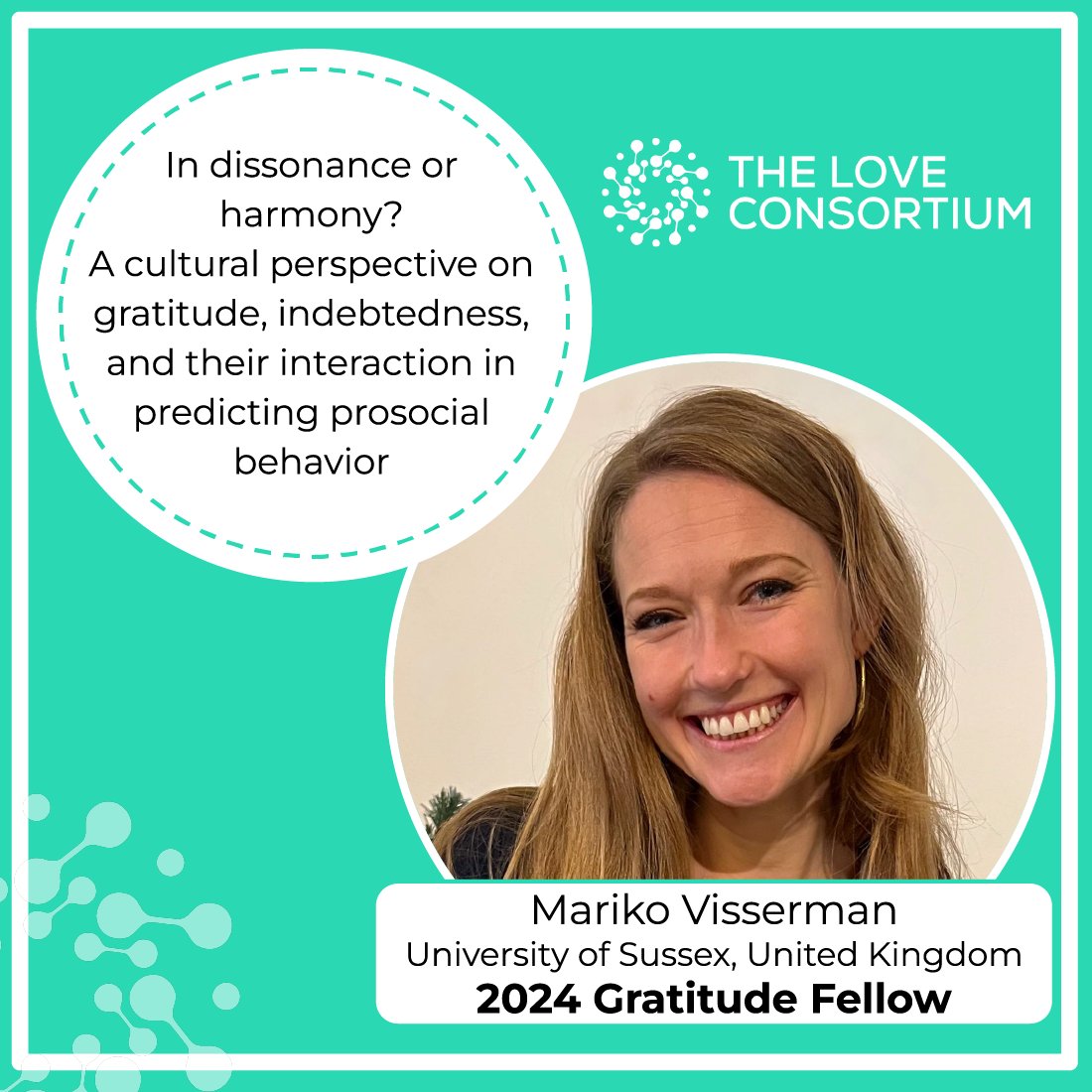 We are thrilled to announce <a href="/marikovisserman/">Mariko Visserman</a> as one of the winners of our early career research awards!  Over the next year, Mariko will be conducting research to advance the science of gratitude using archived data available in dataverse.unc.edu/dataverse/ggdv