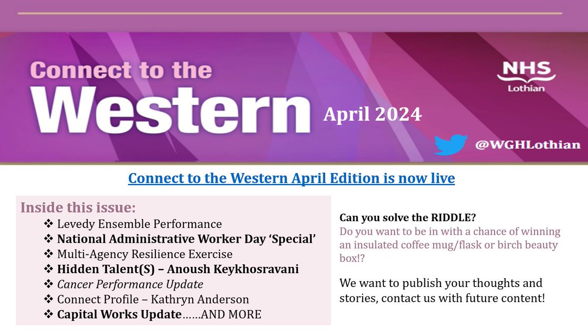 WghLothian's tweet photo. The Connect to the Western April Edition is now live on the NHS Lothian Intranet.
This month we have a National Administrative Worker Day ‘Special’, a Connect ‘Profile’ AND another member of staffs Hidden Talent!
Check it out… #CTTW @NHS_Lothian https://t.co/zo54tIuQIb