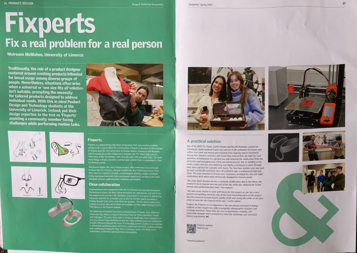 👏 📰 brilliant feature in the Spring 2024 @DTassoc Magazine for #Schools #Colleges & #Universities. Celebrating inspiring @UL @Schoolofdesign_ 🛠️#Fixperts students. Thanks to their lecturer Dr. Muireann McMahon they focus on Health & Well-Being and Social Design.🙏