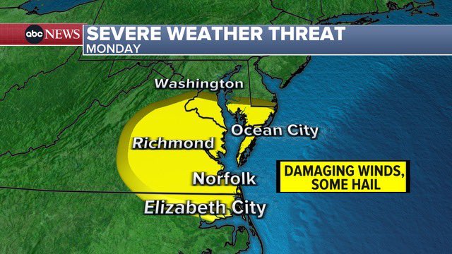Monday mid-Atlantic T-storm risk: Virginia, Maryland & North Carolina: damaging winds in excess of 60 mph possible later today! @Wx_Max