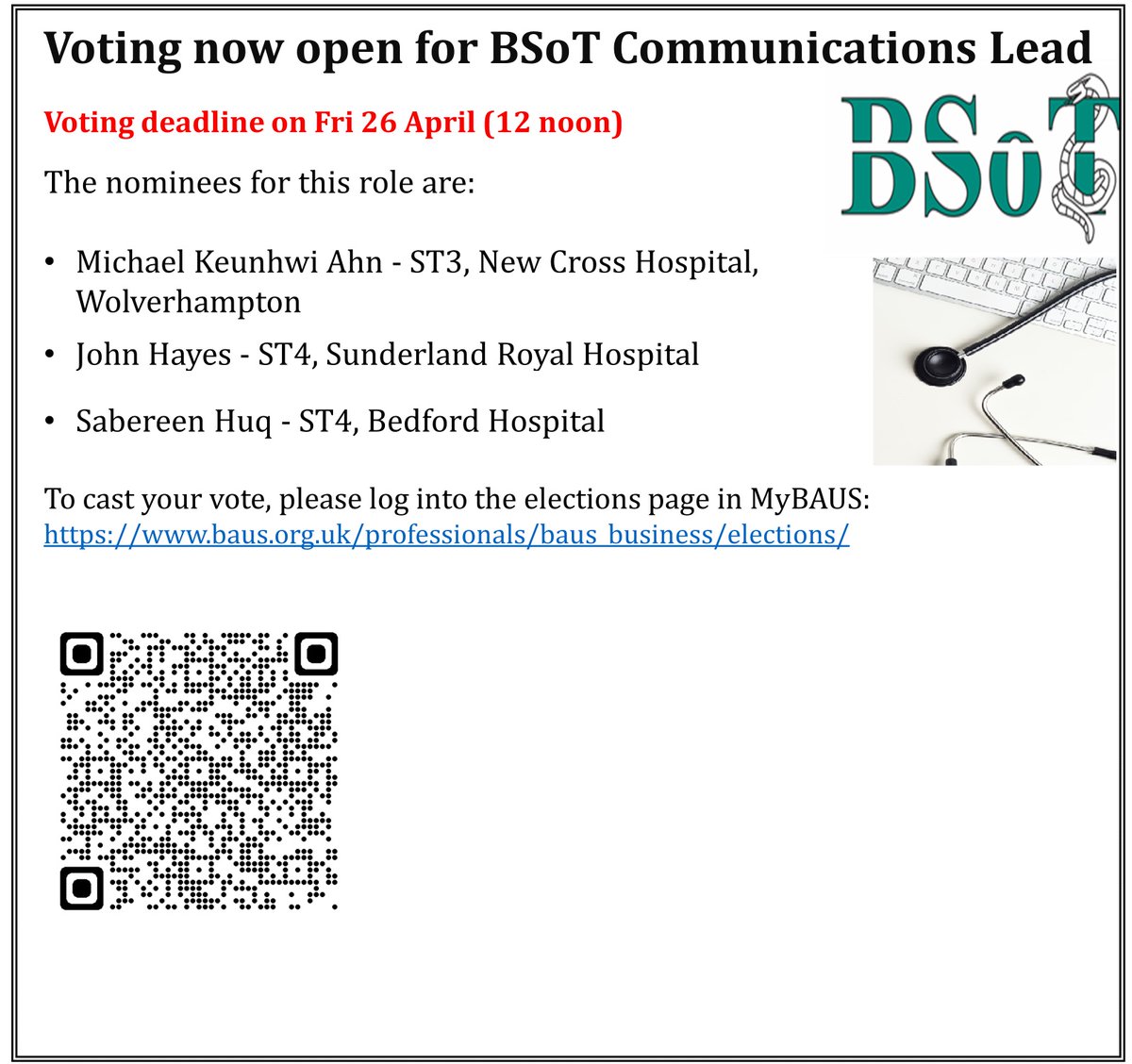📢📢📢 CALLING BAUS TRAINEE MEMBER Voting is open for BSoT Communications Lead. BAUS Trainee members may vote in this election. Voting deadline: 12 noon, 26 April Log in to vote: baus.org.uk/professionals/… @BSoT_UK